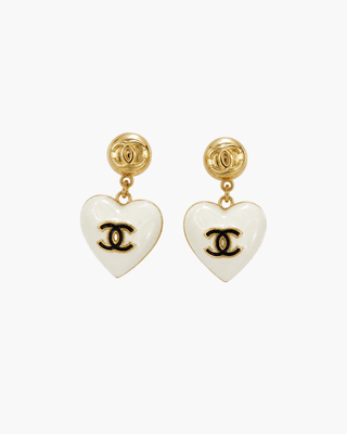 Chanel CC Heart Drop Earrings — Vintage, White & Gold Hearts