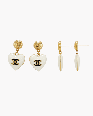 Chanel CC Heart Drop Earrings — Vintage, White & Gold Hearts