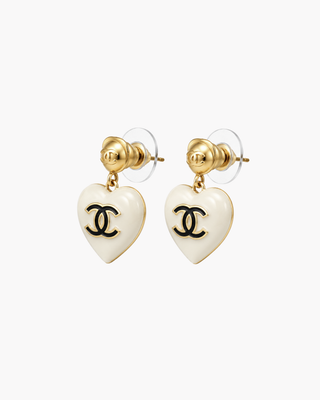 Chanel CC Heart Drop Earrings — Vintage, White & Gold Hearts
