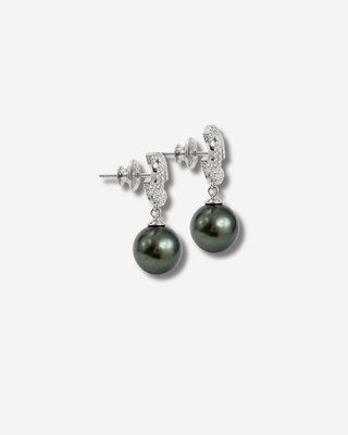 Chanel CC Dark Green Pearl Drop Earrings — Silver-Tone