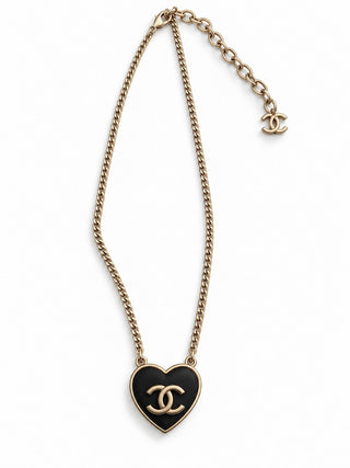 Reworked vintage Chanel CC heart pendant necklace, black enamel, soft gold tone — Obsessive Behavior