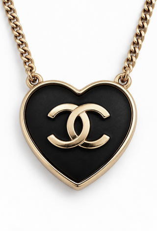 Reworked vintage Chanel CC heart pendant necklace, black enamel, soft gold tone — view 3