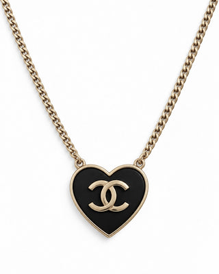 Reworked vintage Chanel CC heart pendant necklace, black enamel, soft gold tone — view 2