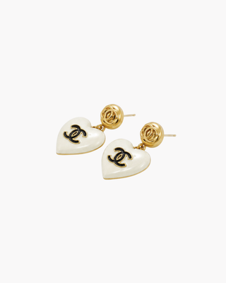 Chanel CC Heart Drop Earrings — Vintage, White & Gold Hearts