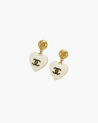Chanel CC Heart Drop Earrings — Vintage, White & Gold Hearts
