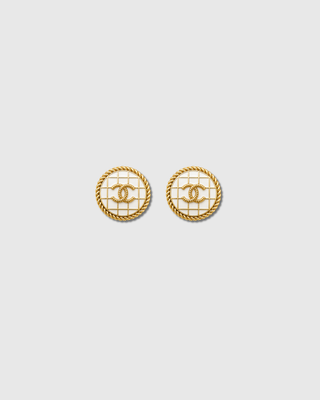 G89 Quilted Ivory CC stud earrings upcycled from a vintage Chanel button — Obsessive Behavior